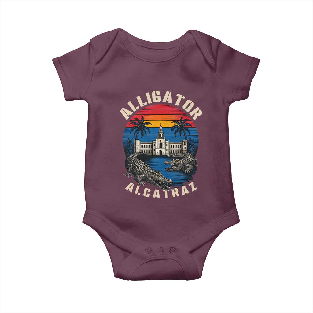 Alligator Alcatraz Political Baby Onesie Florida Prison State Retro Sunset TS02 Maroon Print Your Wear