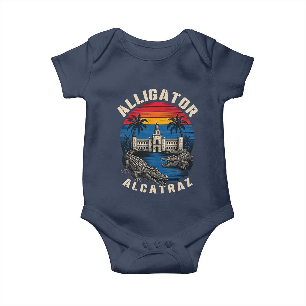 Alligator Alcatraz Political Baby Onesie Florida Prison State Retro Sunset TS02 Navy Print Your Wear