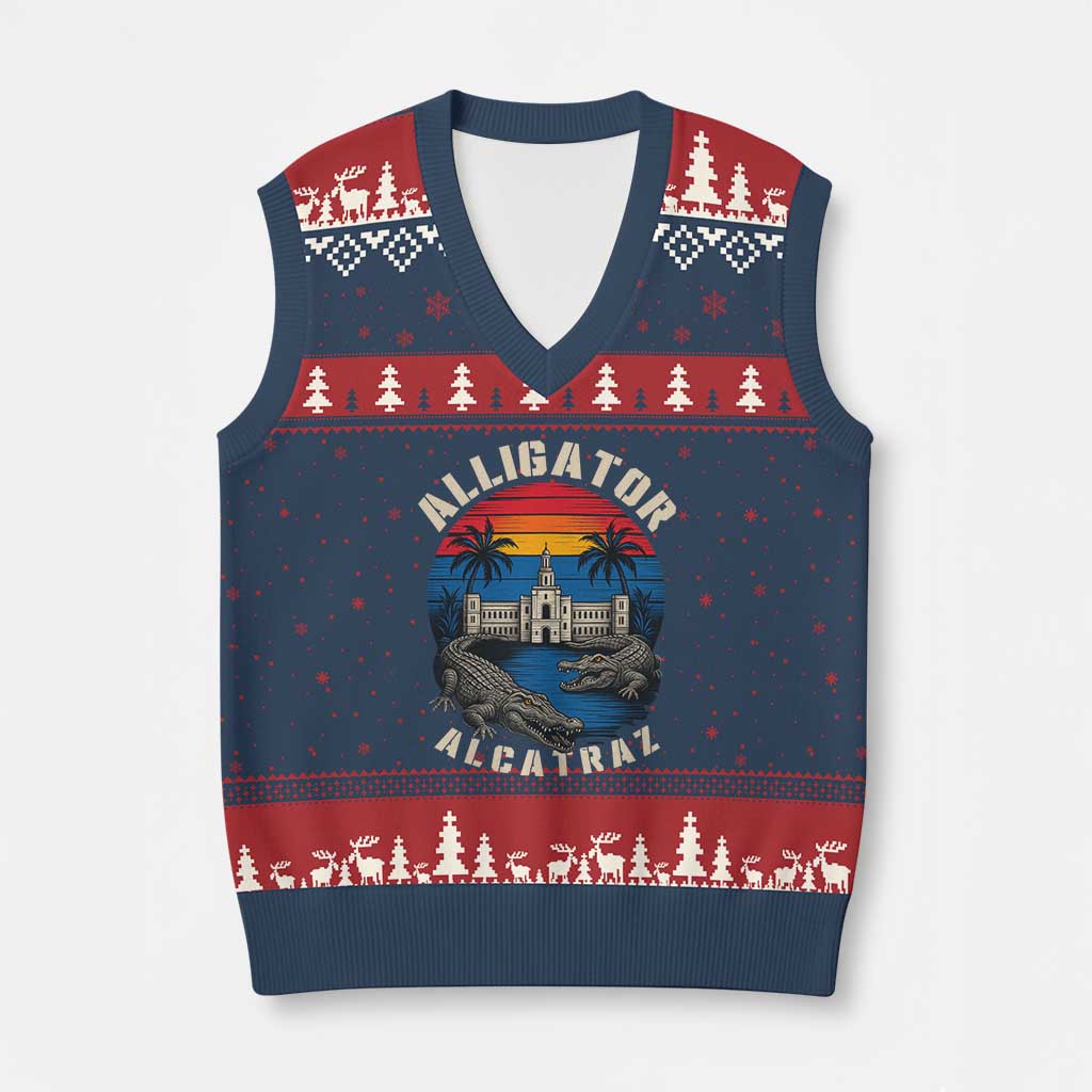 Alligator Alcatraz Political V-Neck Knit Sweater Vest Florida Prison State Retro Sunset TS02 Navy Red Print Your Wear