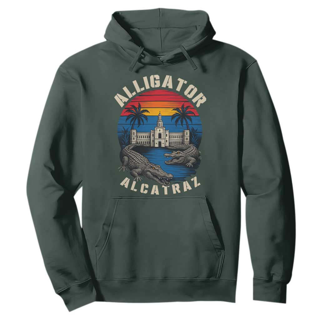 Alligator Alcatraz Political Hoodie Florida Prison State Retro Sunset TS02 Dark Forest Green Print Your Wear