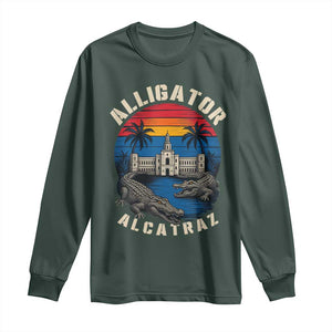Alligator Alcatraz Political Long Sleeve Shirt Florida Prison State Retro Sunset TS02 Dark Forest Green Print Your Wear