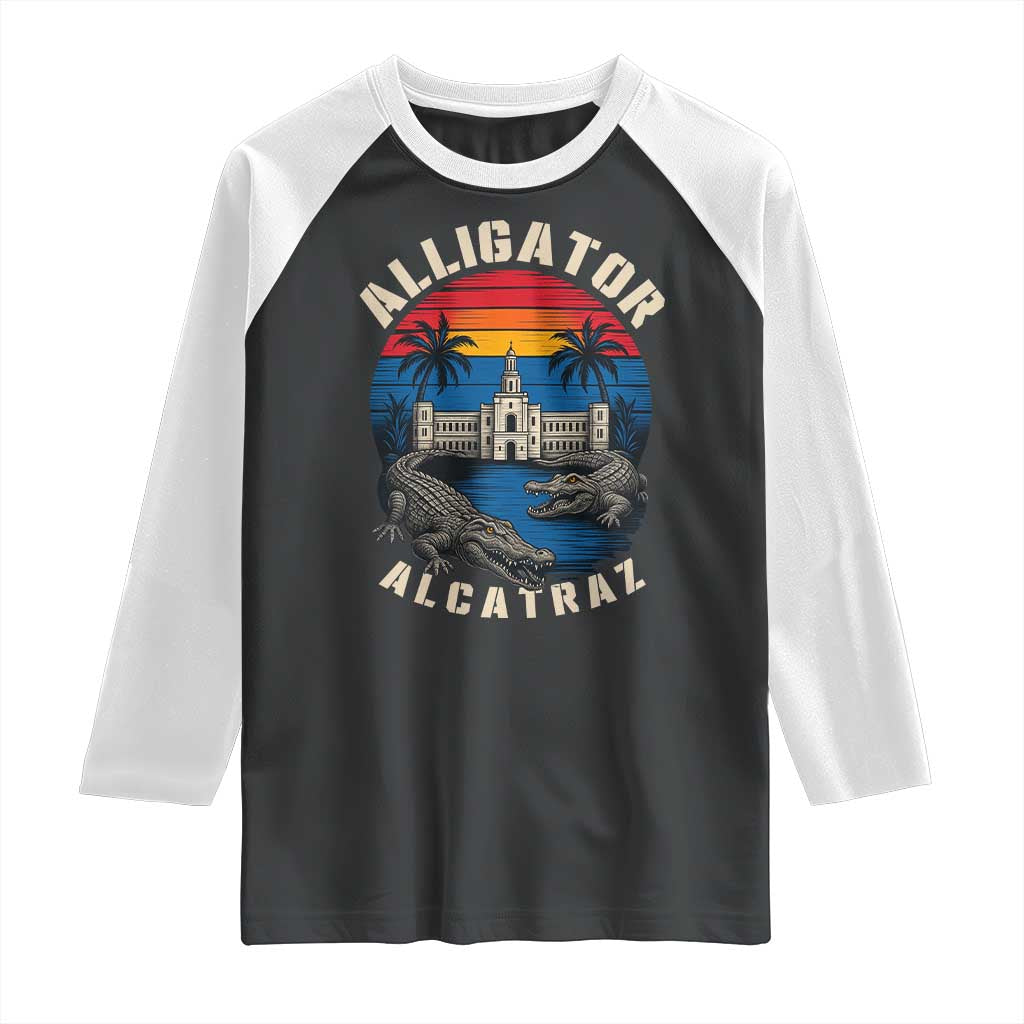 Alligator Alcatraz Political Raglan Shirt Florida Prison State Retro Sunset TS02 Black White Print Your Wear