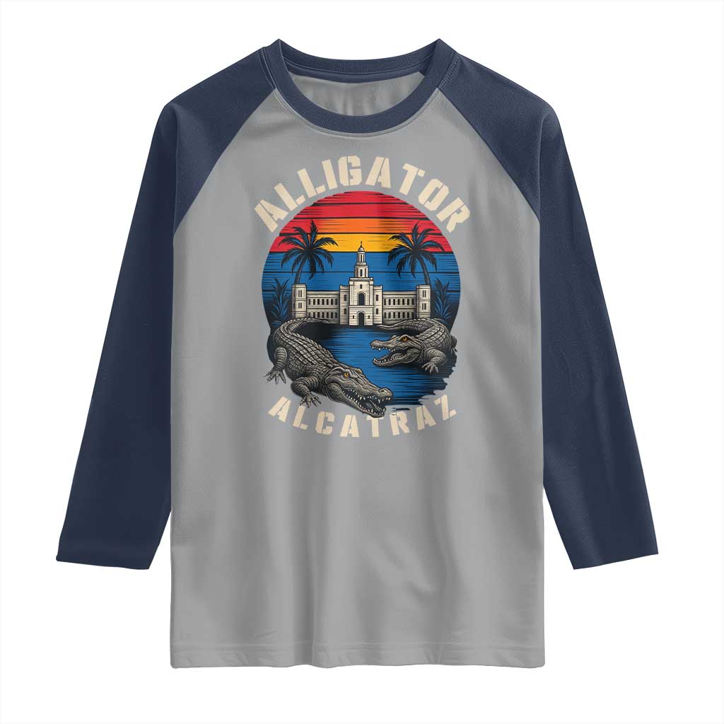 Alligator Alcatraz Political Raglan Shirt Florida Prison State Retro Sunset TS02 Sport Gray Navy Print Your Wear