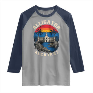 Alligator Alcatraz Political Raglan Shirt Florida Prison State Retro Sunset TS02 Sport Gray Navy Print Your Wear
