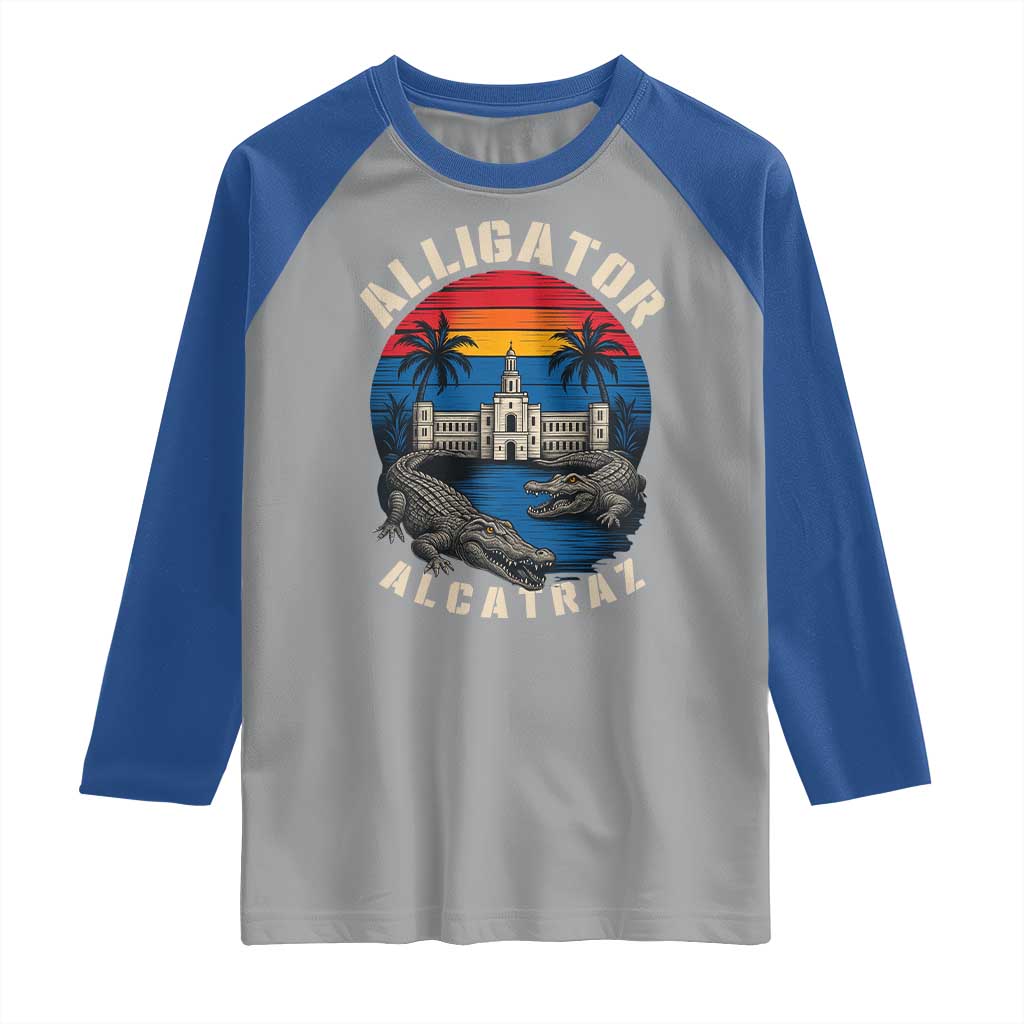 Alligator Alcatraz Political Raglan Shirt Florida Prison State Retro Sunset TS02 Sport Gray Royal Print Your Wear