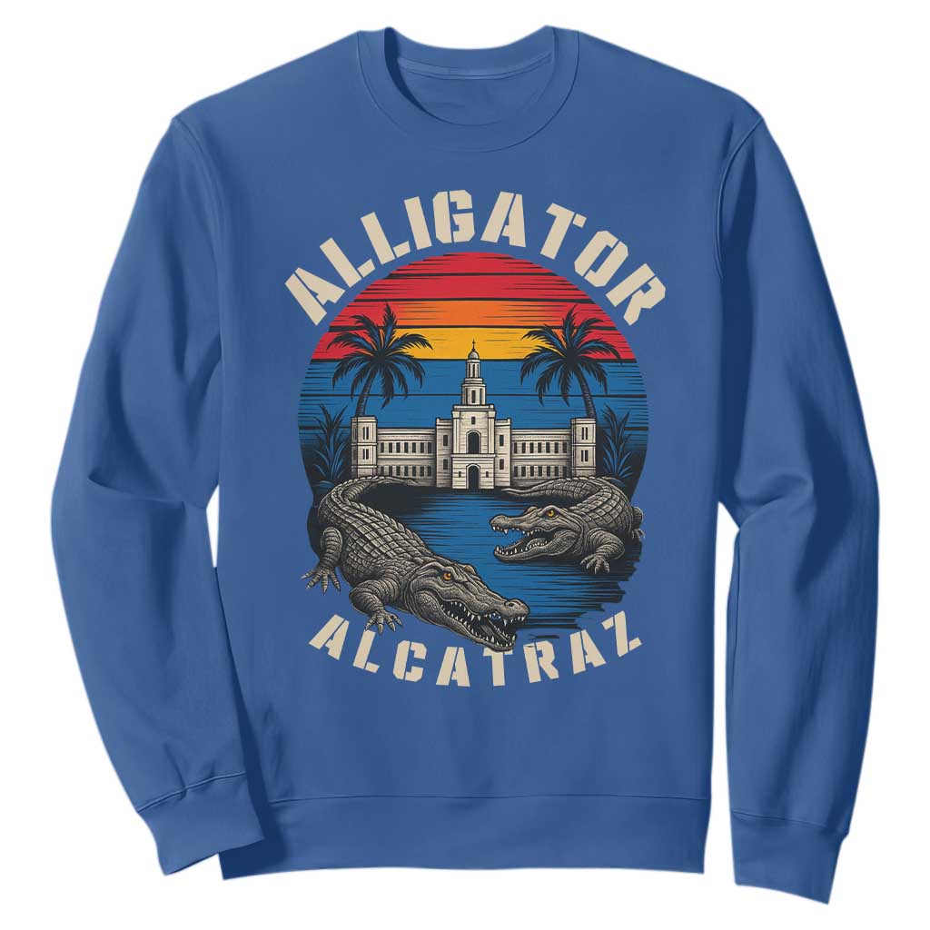 Alligator Alcatraz Political Sweatshirt Florida Prison State Retro Sunset TS02 Royal Blue Print Your Wear