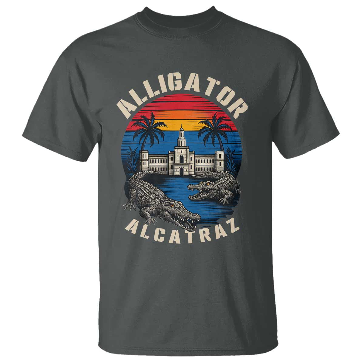 Alligator Alcatraz Political T Shirt Florida Prison State Retro Sunset TS02 Dark Heather Print Your Wear