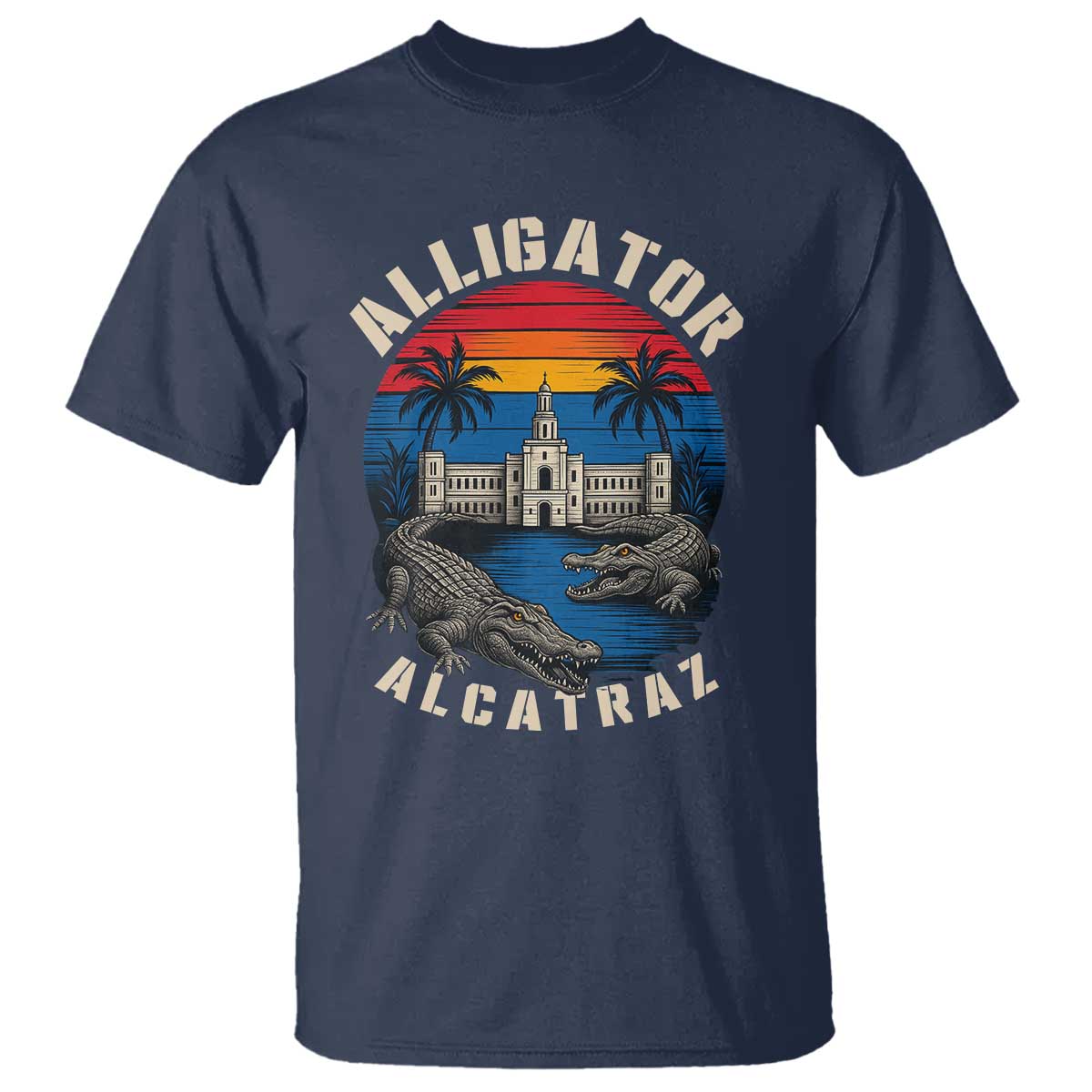 Alligator Alcatraz Political T Shirt Florida Prison State Retro Sunset TS02 Navy Print Your Wear