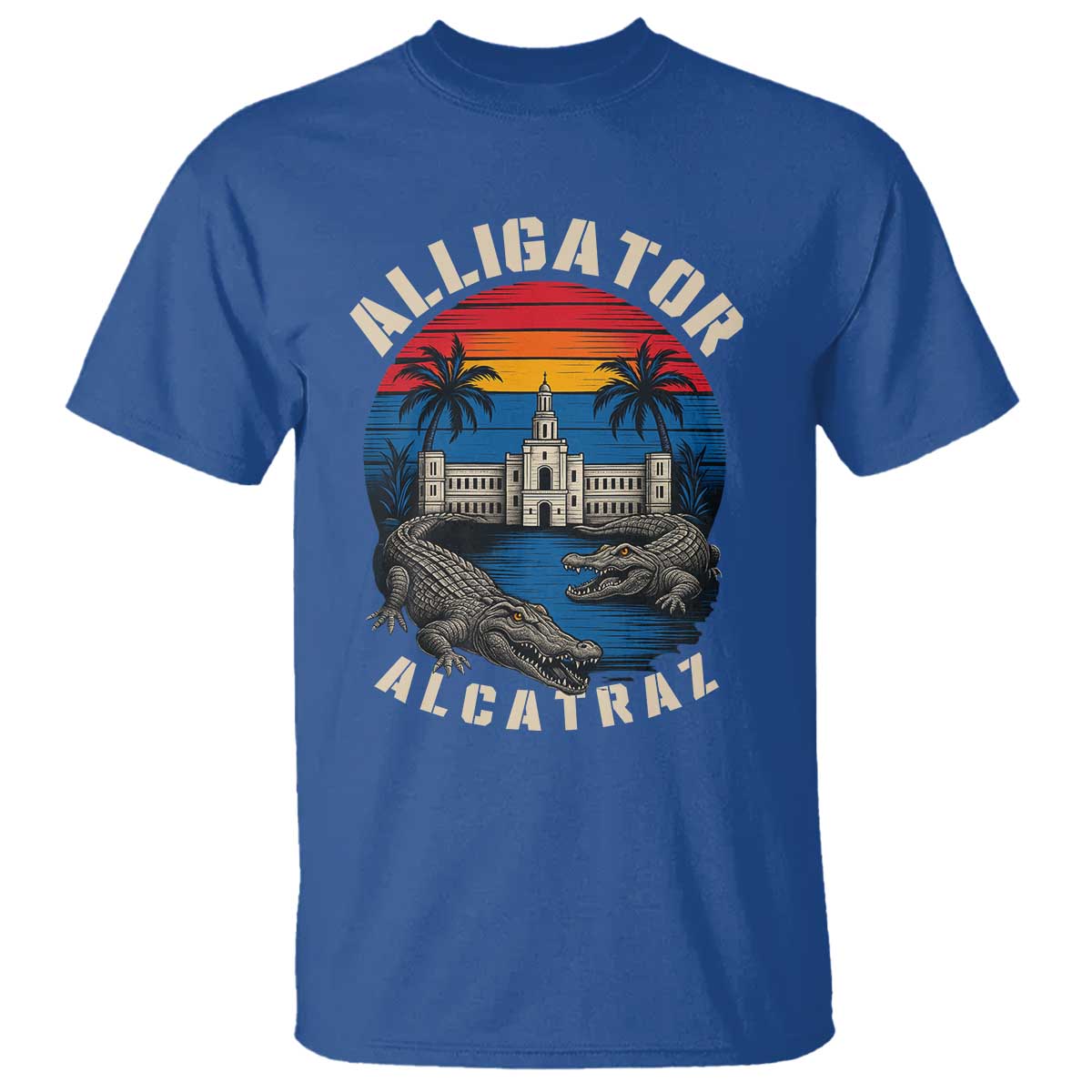 Alligator Alcatraz Political T Shirt Florida Prison State Retro Sunset TS02 Royal Blue Print Your Wear