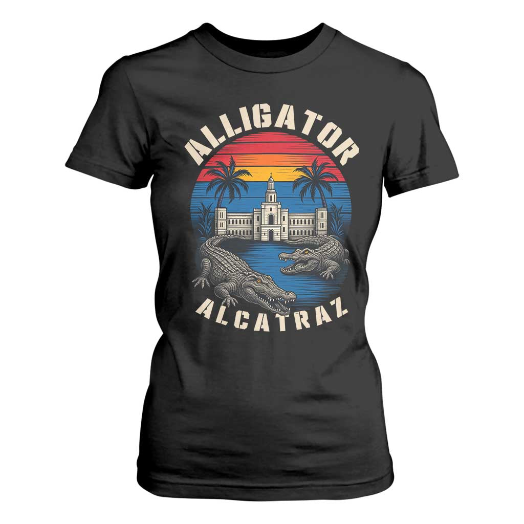 Alligator Alcatraz Political T Shirt For Women Florida Prison State Retro Sunset TS02 Black Print Your Wear
