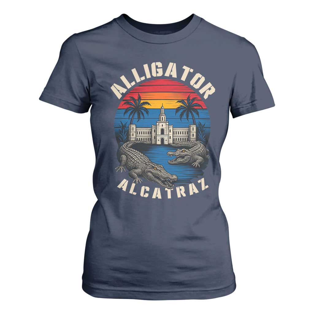 Alligator Alcatraz Political T Shirt For Women Florida Prison State Retro Sunset TS02 Navy Print Your Wear