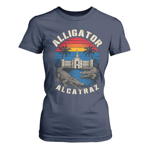 Alligator Alcatraz Political T Shirt For Women Florida Prison State Retro Sunset TS02 Navy Print Your Wear