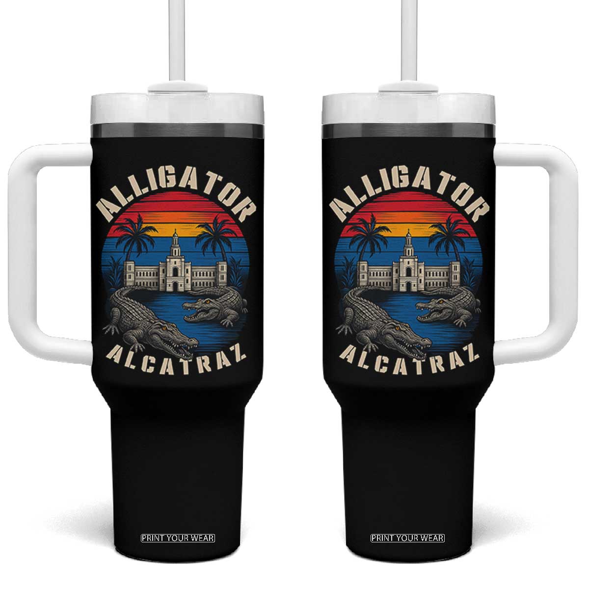 Alligator Alcatraz Political Tumbler With Handle Florida Prison State Retro Sunset TS02 One Size: 40 oz Black Print Your Wear