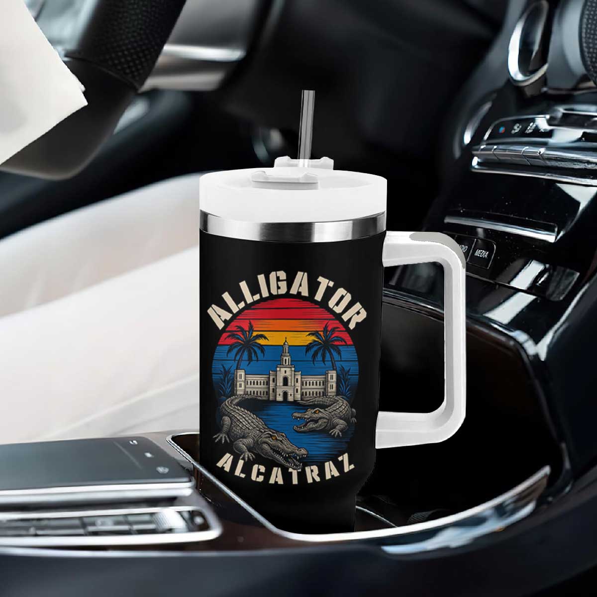Alligator Alcatraz Political Tumbler With Handle Florida Prison State Retro Sunset TS02 Print Your Wear