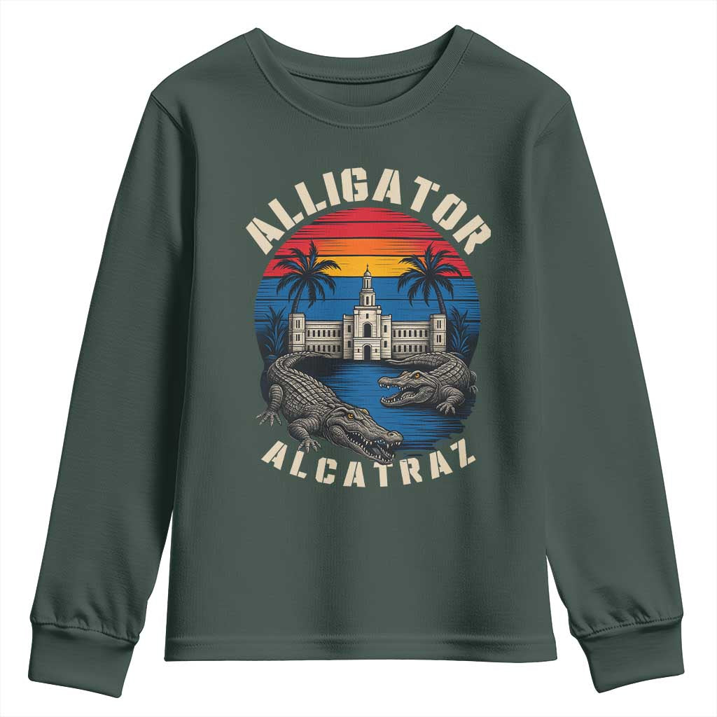 Alligator Alcatraz Political Youth Sweatshirt Florida Prison State Retro Sunset TS02 Dark Forest Green Print Your Wear