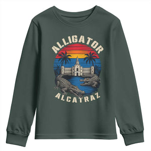 Alligator Alcatraz Political Youth Sweatshirt Florida Prison State Retro Sunset TS02 Dark Forest Green Print Your Wear