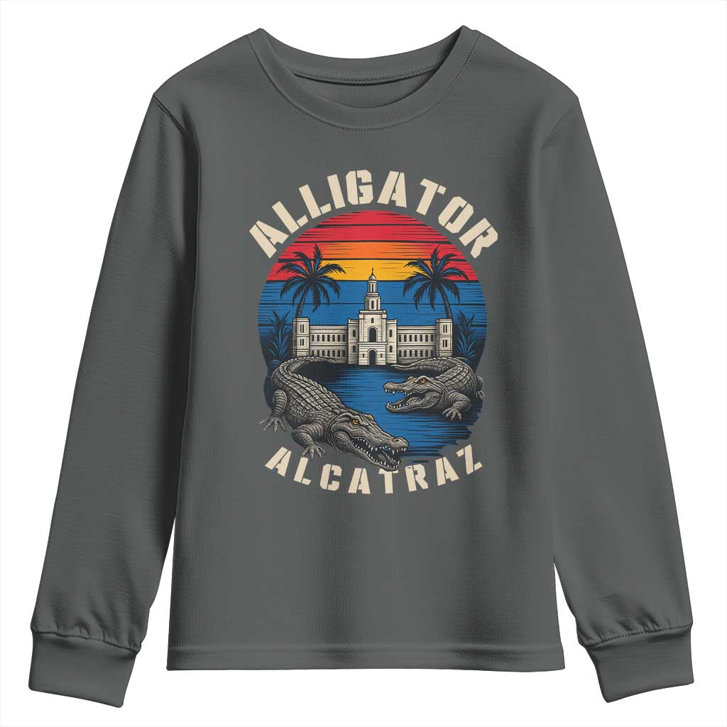 Alligator Alcatraz Political Youth Sweatshirt Florida Prison State Retro Sunset TS02 Dark Heather Print Your Wear