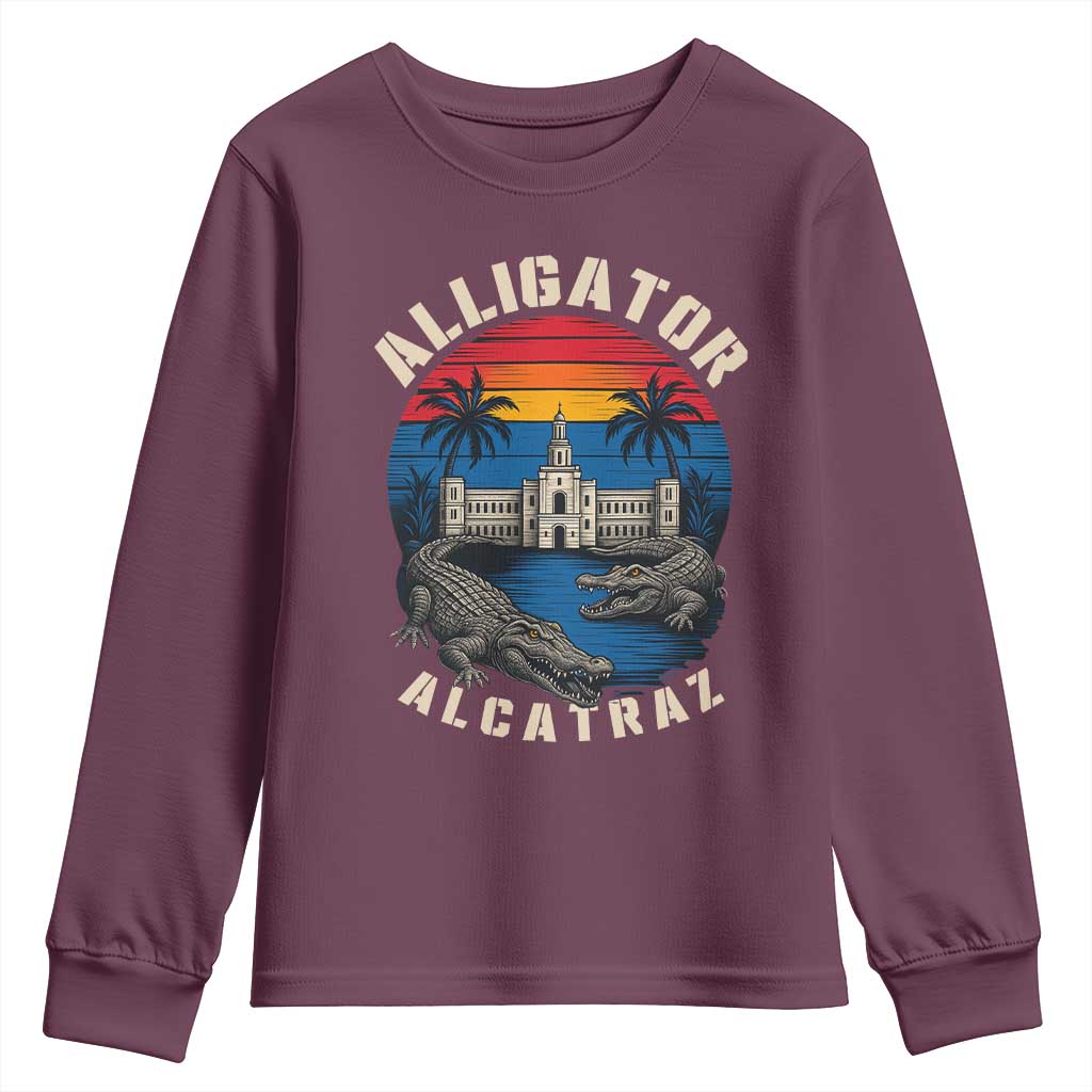 Alligator Alcatraz Political Youth Sweatshirt Florida Prison State Retro Sunset TS02 Maroon Print Your Wear
