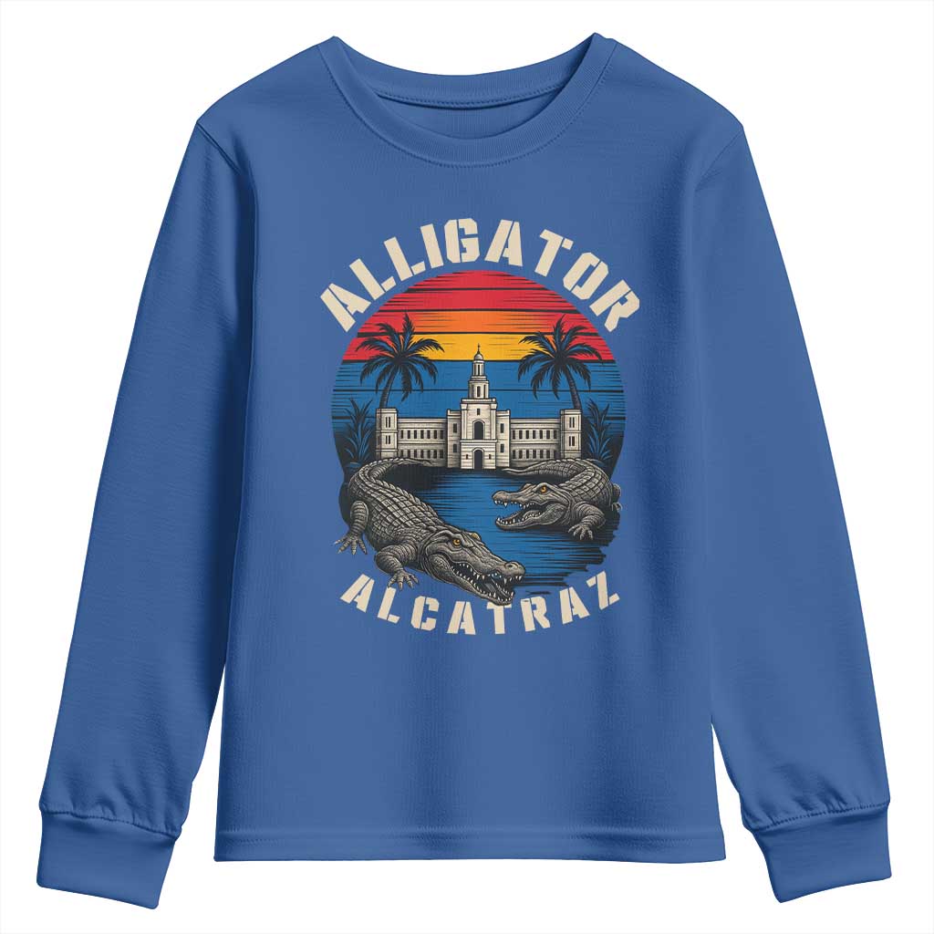 Alligator Alcatraz Political Youth Sweatshirt Florida Prison State Retro Sunset TS02 Royal Blue Print Your Wear