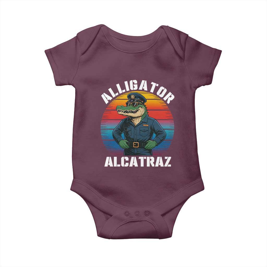 Alligator Alcatraz Florida Baby Onesie Funny Gator Cop Political Humor Retro Sunset TS02 Maroon Print Your Wear
