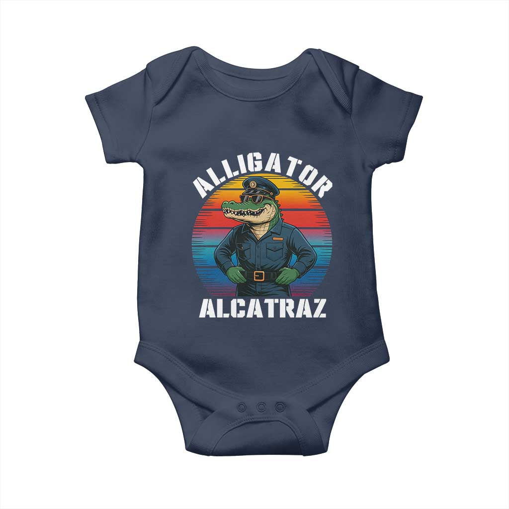 Alligator Alcatraz Florida Baby Onesie Funny Gator Cop Political Humor Retro Sunset TS02 Navy Print Your Wear