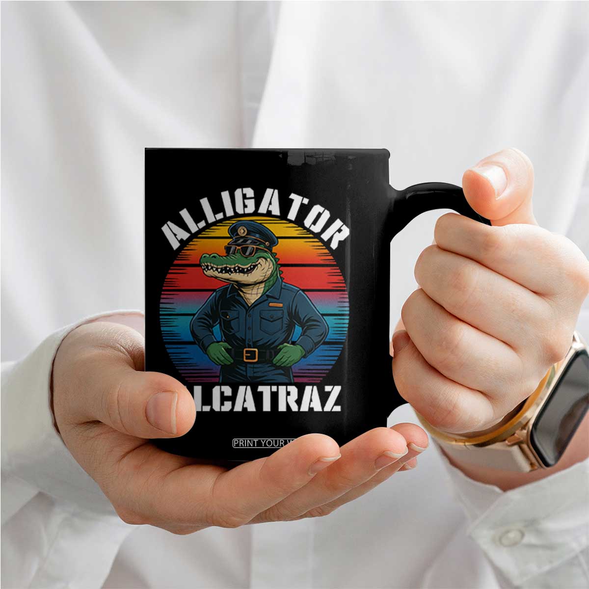Alligator Alcatraz Florida Coffee Mug Funny Gator Cop Political Humor Retro Sunset TS02 Print Your Wear