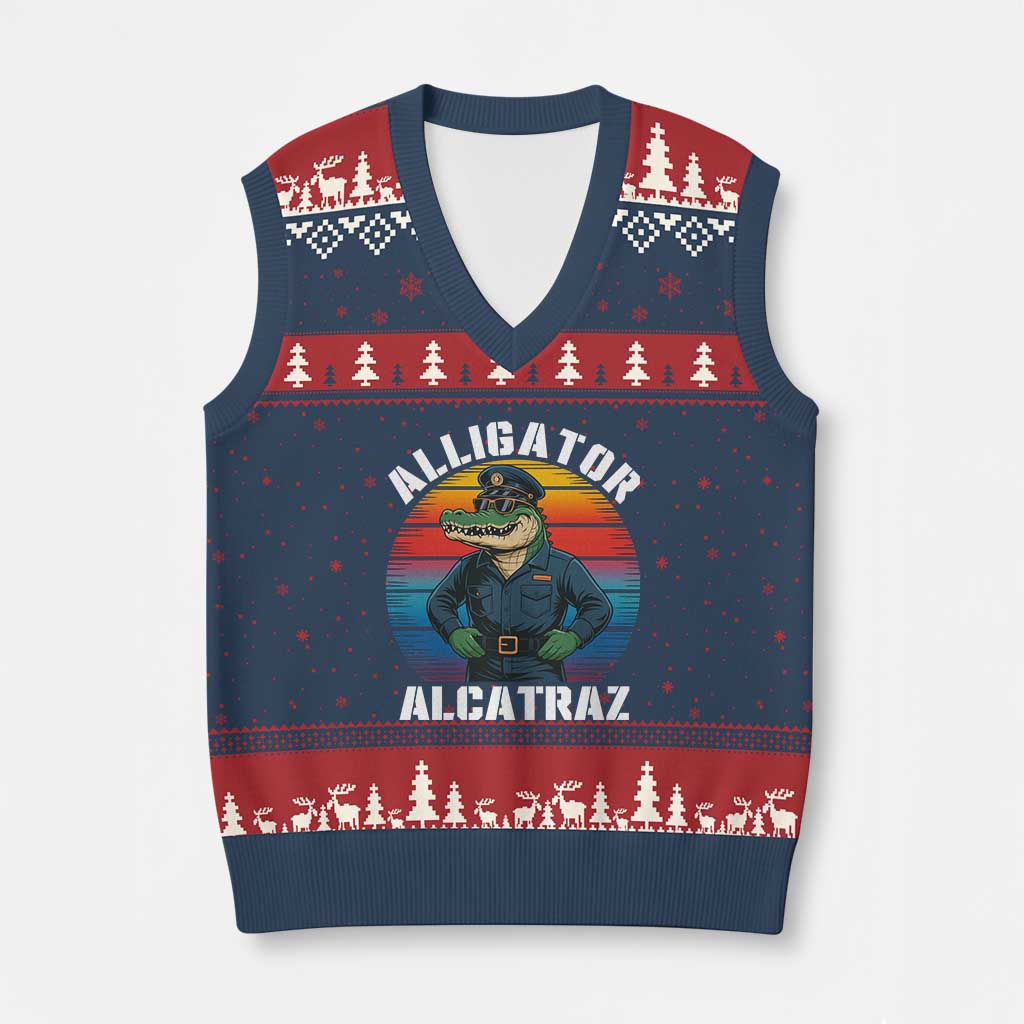 Alligator Alcatraz Florida V-Neck Knit Sweater Vest Funny Gator Cop Political Humor Retro Sunset TS02 Navy Red Print Your Wear