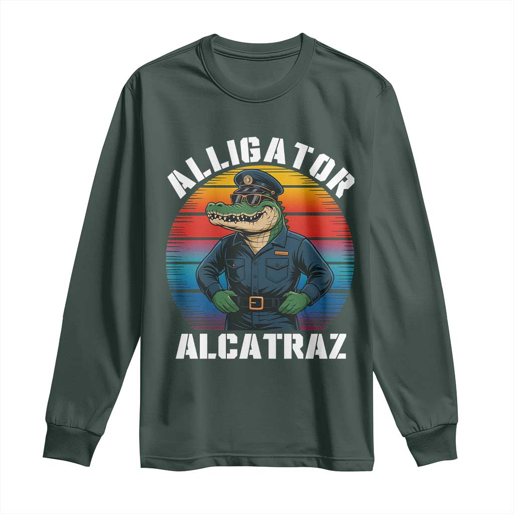 Alligator Alcatraz Florida Long Sleeve Shirt Funny Gator Cop Political Humor Retro Sunset TS02 Dark Forest Green Print Your Wear