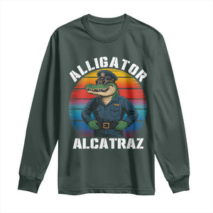 Alligator Alcatraz Florida Long Sleeve Shirt Funny Gator Cop Political Humor Retro Sunset TS02 Dark Forest Green Print Your Wear