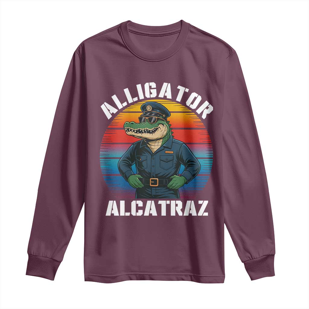 Alligator Alcatraz Florida Long Sleeve Shirt Funny Gator Cop Political Humor Retro Sunset TS02 Maroon Print Your Wear