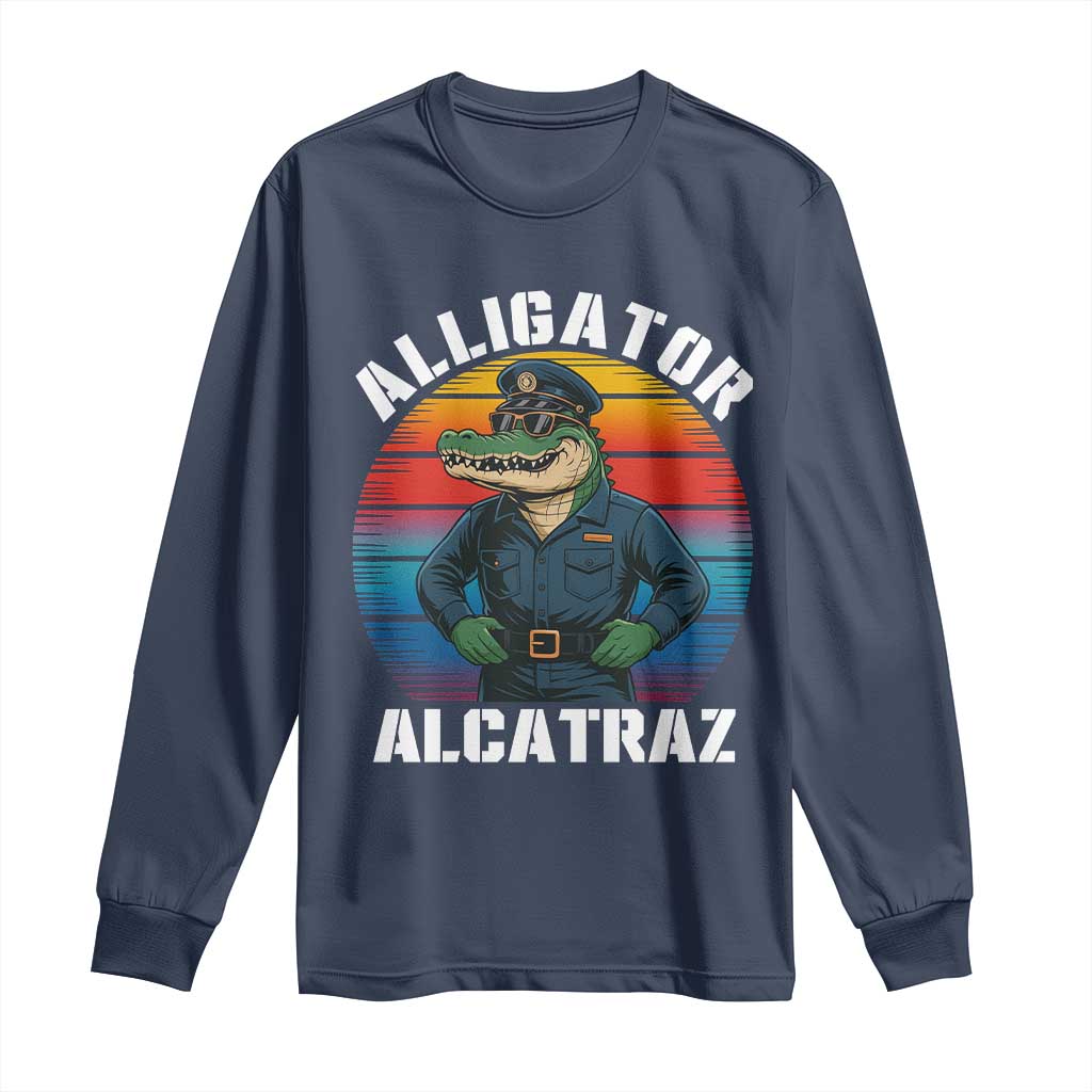 Alligator Alcatraz Florida Long Sleeve Shirt Funny Gator Cop Political Humor Retro Sunset TS02 Navy Print Your Wear