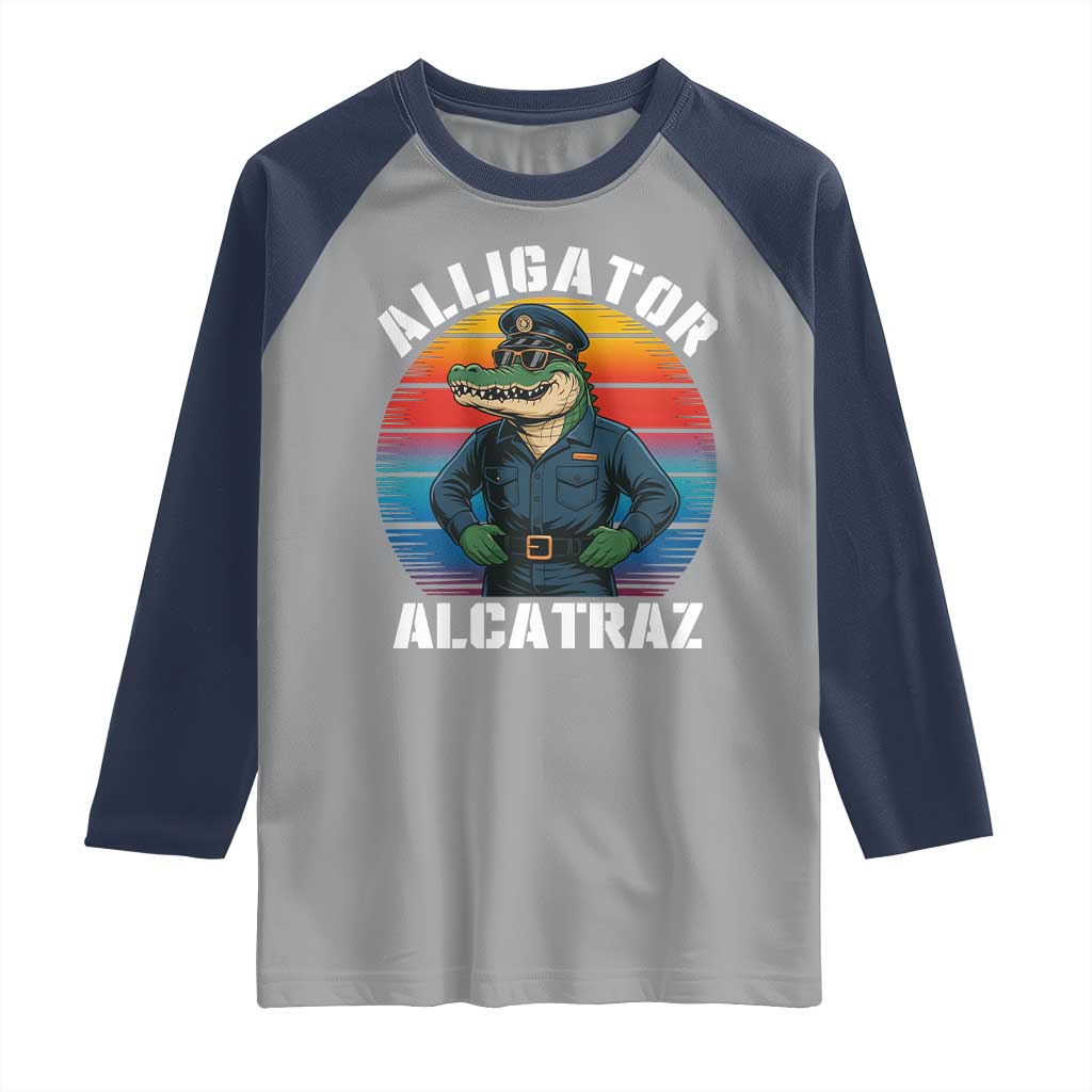 Alligator Alcatraz Florida Raglan Shirt Funny Gator Cop Political Humor Retro Sunset TS02 Sport Gray Navy Print Your Wear