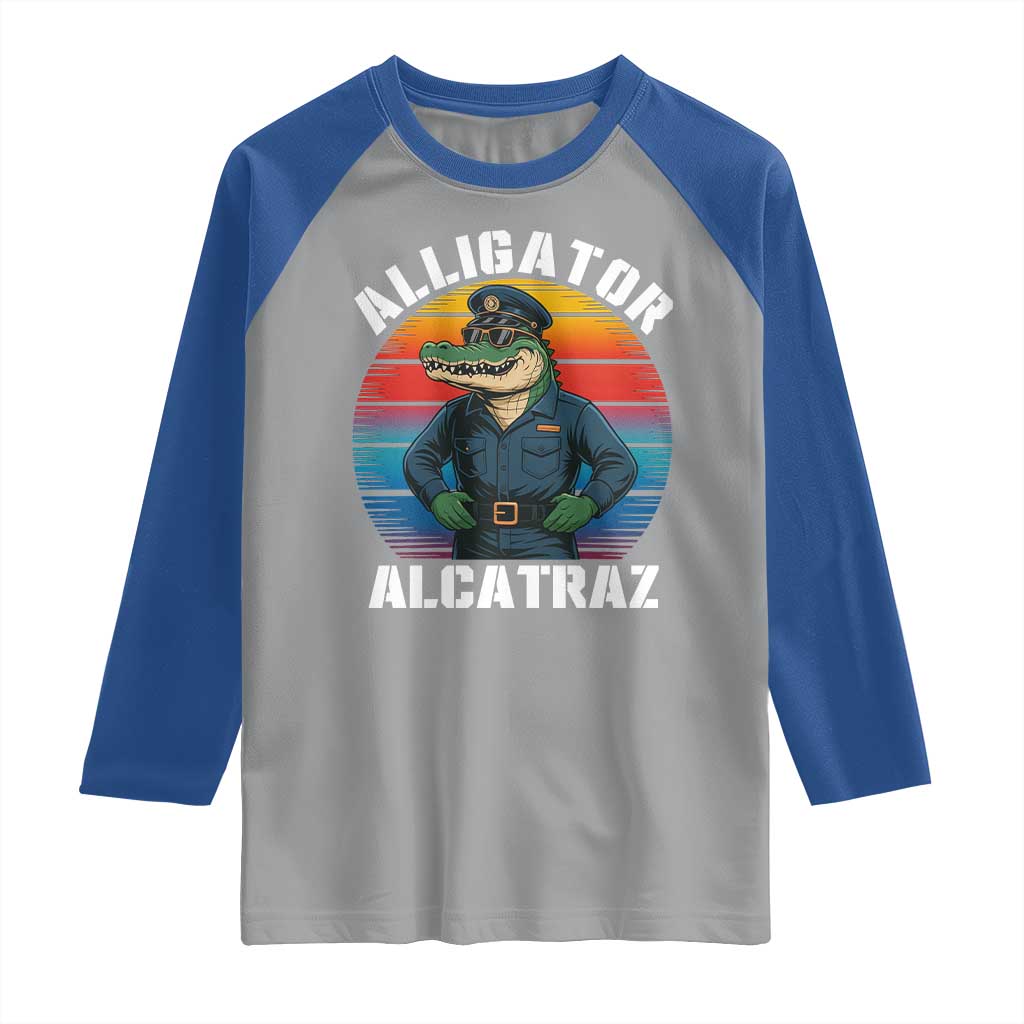 Alligator Alcatraz Florida Raglan Shirt Funny Gator Cop Political Humor Retro Sunset TS02 Sport Gray Royal Print Your Wear