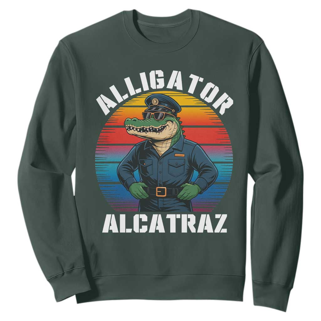 Alligator Alcatraz Florida Sweatshirt Funny Gator Cop Political Humor Retro Sunset TS02 Dark Forest Green Print Your Wear