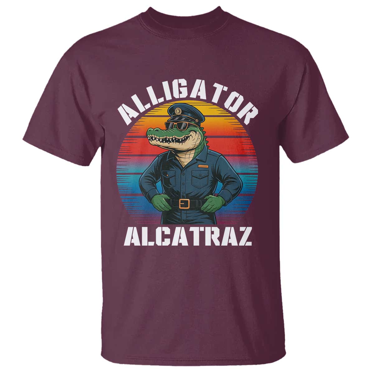 Alligator Alcatraz Florida T Shirt Funny Gator Cop Political Humor Retro Sunset TS02 Maroon Print Your Wear