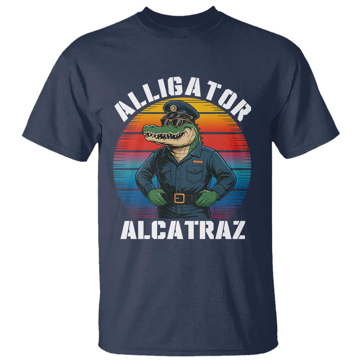 Alligator Alcatraz Florida T Shirt Funny Gator Cop Political Humor Retro Sunset TS02 Navy Print Your Wear