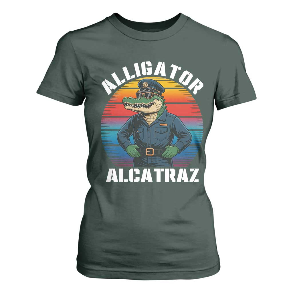 Alligator Alcatraz Florida T Shirt For Women Funny Gator Cop Political Humor Retro Sunset TS02 Dark Forest Green Print Your Wear