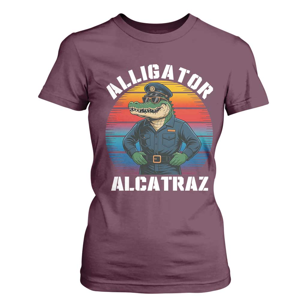 Alligator Alcatraz Florida T Shirt For Women Funny Gator Cop Political Humor Retro Sunset TS02 Maroon Print Your Wear