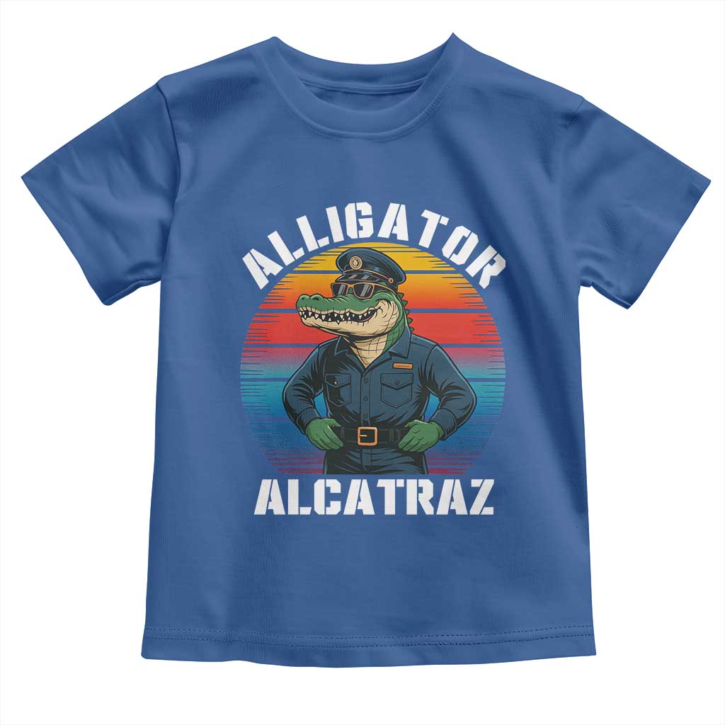 Alligator Alcatraz Florida Toddler T Shirt Funny Gator Cop Political Humor Retro Sunset TS02 Royal Blue Print Your Wear