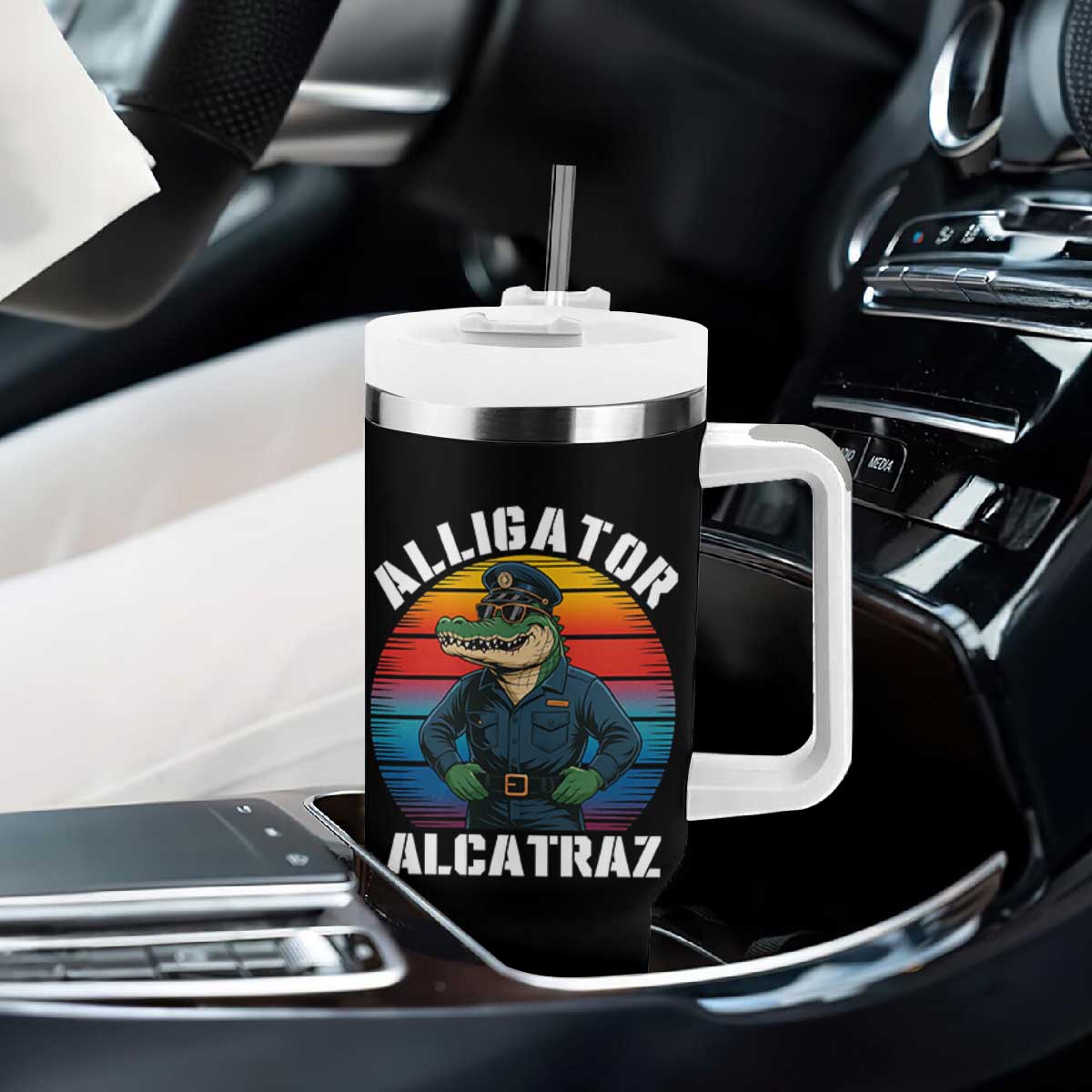 Alligator Alcatraz Florida Tumbler With Handle Funny Gator Cop Political Humor Retro Sunset TS02 Print Your Wear