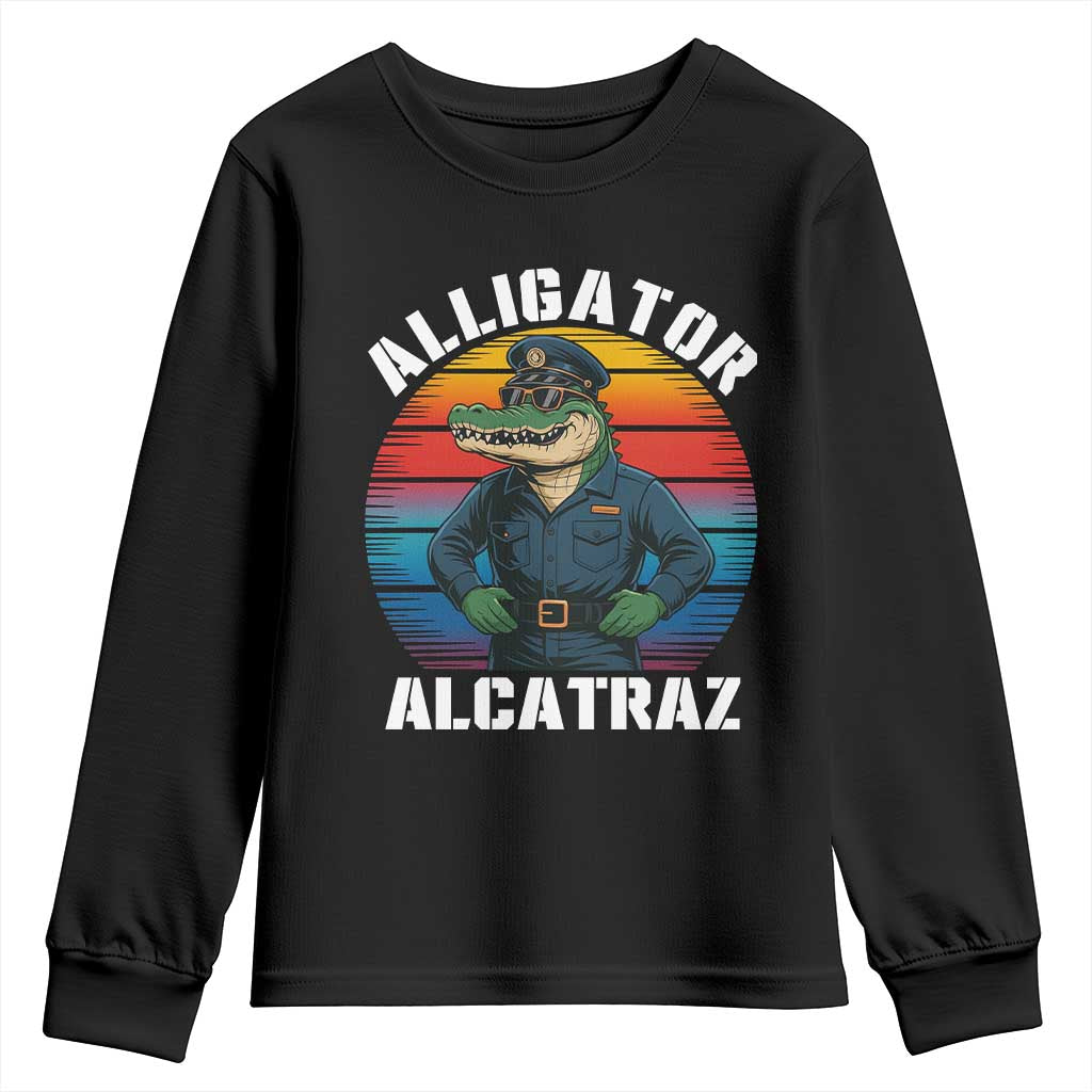 Alligator Alcatraz Florida Youth Sweatshirt Funny Gator Cop Political Humor Retro Sunset TS02 Black Print Your Wear