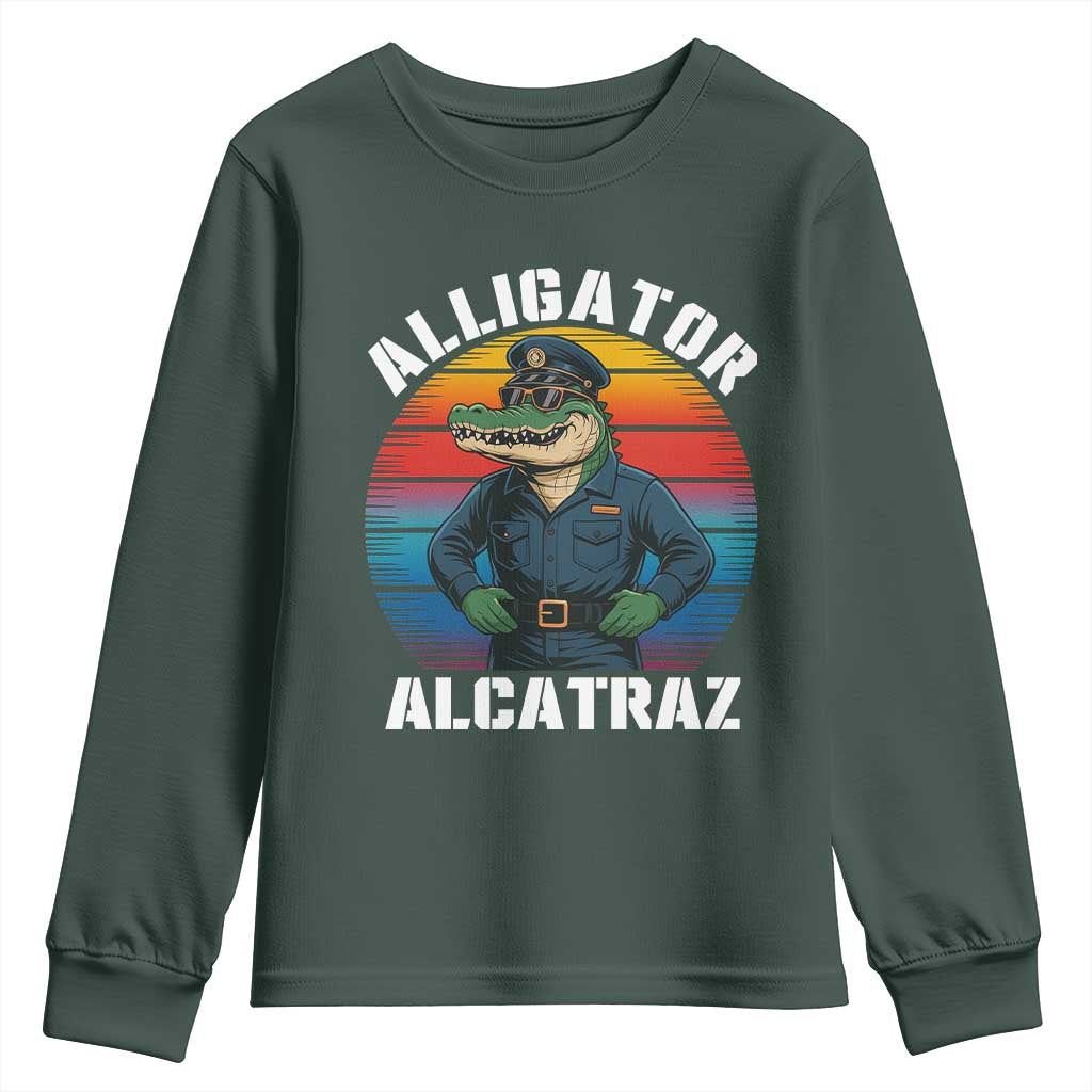 Alligator Alcatraz Florida Youth Sweatshirt Funny Gator Cop Political Humor Retro Sunset TS02 Dark Forest Green Print Your Wear