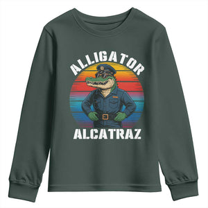 Alligator Alcatraz Florida Youth Sweatshirt Funny Gator Cop Political Humor Retro Sunset TS02 Dark Forest Green Print Your Wear