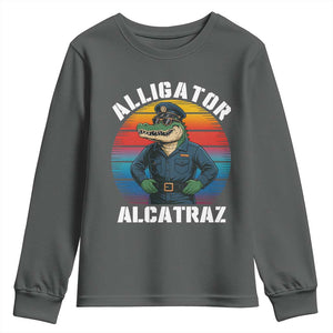 Alligator Alcatraz Florida Youth Sweatshirt Funny Gator Cop Political Humor Retro Sunset TS02 Dark Heather Print Your Wear