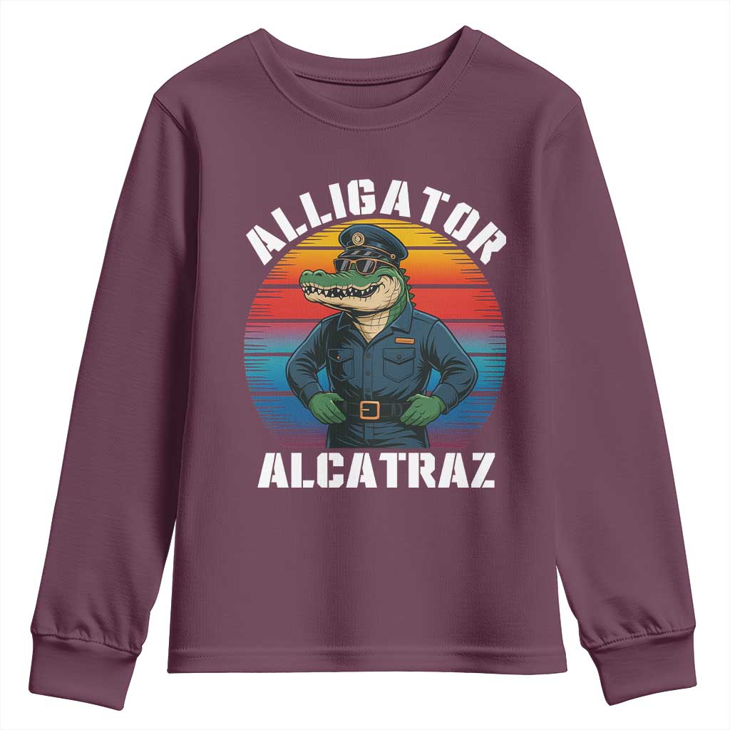 Alligator Alcatraz Florida Youth Sweatshirt Funny Gator Cop Political Humor Retro Sunset TS02 Maroon Print Your Wear