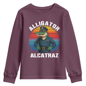Alligator Alcatraz Florida Youth Sweatshirt Funny Gator Cop Political Humor Retro Sunset TS02 Maroon Print Your Wear