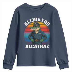 Alligator Alcatraz Florida Youth Sweatshirt Funny Gator Cop Political Humor Retro Sunset TS02 Navy Print Your Wear