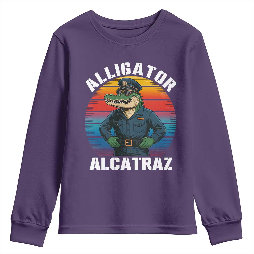 Alligator Alcatraz Florida Youth Sweatshirt Funny Gator Cop Political Humor Retro Sunset TS02 Purple Print Your Wear