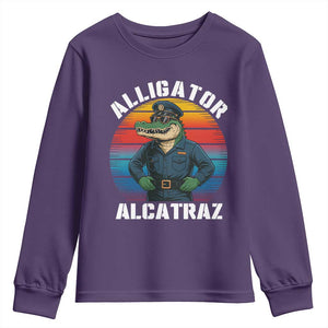 Alligator Alcatraz Florida Youth Sweatshirt Funny Gator Cop Political Humor Retro Sunset TS02 Purple Print Your Wear