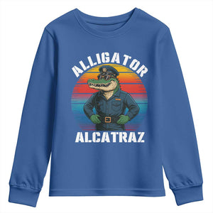 Alligator Alcatraz Florida Youth Sweatshirt Funny Gator Cop Political Humor Retro Sunset TS02 Royal Blue Print Your Wear